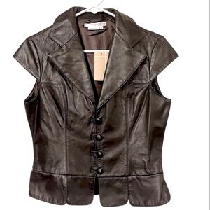 Dark Brown Soft Leather Button Front Cap Sleeve Top Vest Sz 6 NEW!